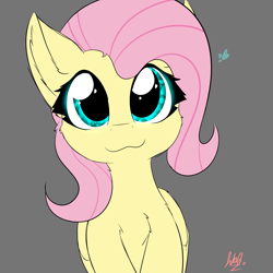 Size: 2362x2362 | Tagged: safe, artist:jubyskylines, fluttershy, pegasus, pony, bust, chest fluff, cute, daaaaaaaaaaaw, ear fluff, eyelashes, female, folded wings, front view, full face view, gray background, heart, heart eyes, high res, looking at you, mare, portrait, shyabetes, simple background, smiling, solo, wingding eyes, wings