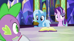 Size: 1920x1080 | Tagged: safe, screencap, spike, starlight glimmer, trixie, dragon, pony, unicorn, all bottled up, g4, season 7, animated, female, male, mare, nervous laugh, sound, trio, webm
