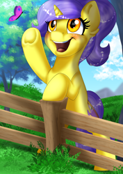 Size: 2508x3541 | Tagged: safe, artist:ali-selle, oc, oc only, oc:tulipan, butterfly, pony, unicorn, bipedal, cute, female, fence, high res, horn, mare, ocbetes, open mouth, tree, unicorn oc