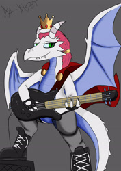 Size: 2480x3508 | Tagged: safe, artist:damset, oc, oc only, oc:alika rex, dragon, bass guitar, clothes, crown, dragon oc, dragoness, female, high res, horns, jewelry, looking at you, mantle, musical instrument, regalia, request, simple background, solo, stockings, thigh highs, wings
