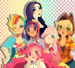 Size: 900x820 | Tagged: safe, artist:ame-nii, applejack, fluttershy, pinkie pie, rainbow dash, rarity, twilight sparkle, human, g4, cute, female, humanized, looking at you, mane six, no pupils, one eye closed, smiling, wink