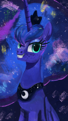 Size: 2160x3840 | Tagged: safe, artist:toisanemoif, princess luna, alicorn, pony, g4, abstract background, bust, ethereal mane, female, freckles, grin, high res, mare, portrait, smiling, solo
