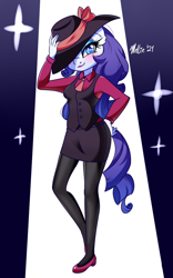 Size: 1000x1600 | Tagged: safe, artist:melliedraws, rarity, unicorn, anthro, g4, 30 minute art challenge, blushing, clothes, detective rarity, ear fluff, hat, hat tip, heart nostrils, high heels, miniskirt, pantyhose, shoes, skirt, solo