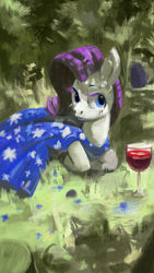 Size: 2160x3840 | Tagged: safe, artist:toisanemoif, rarity, pony, unicorn, g4, alcohol, clothes, dress, female, glass, grass, high res, lying down, mare, prone, shade, solo, tree, wine, wine glass