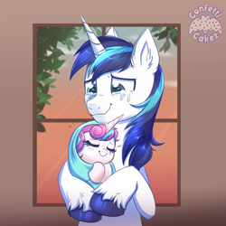 Size: 4000x4000 | Tagged: safe, artist:confetticakez, princess flurry heart, shining armor, alicorn, pony, unicorn, g4, absurd resolution, atg 2021, baby, baby pony, best dad ever, crying, cute, duo, ear fluff, equestria's best father, eyes closed, father and child, father and daughter, female, flurrybetes, hnnng, holding a pony, liquid pride, male, newbie artist training grounds, shining adorable, smiling, stallion, swaddling, tears of joy, weapons-grade cute, window
