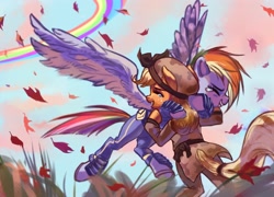 Size: 2779x1999 | Tagged: safe, artist:卯卯七, applejack, rainbow dash, earth pony, pegasus, pony, g4, alternate hairstyle, alternate timeline, amputee, apocalypse dash, applecalypsejack, crying, crystal war timeline, duo, falling leaves, female, high res, leaves, lesbian, mare, rainbow, reunion, ship:appledash, shipping, spread wings, tears of joy, wings