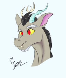 Size: 1021x1200 | Tagged: safe, artist:diamond06mlp, discord, draconequus, g4, antlers, blue background, bust, eyebrows, male, outline, red eyes, signature, simple background, smiling, solo