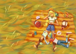 Size: 2779x1999 | Tagged: safe, artist:卯卯七, applejack, rainbow dash, equestria girls, g4, apple juice, backpack, boots, cake, cellphone, duo, earbuds, female, food, grass, high res, journal, juice, juice box, lesbian, lying down, notebook, phone, picnic, pie, plate, reading, relaxing, ship:appledash, shipping, shoes, smartphone, sneakers, the pose