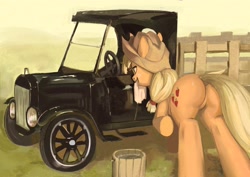 Size: 3508x2480 | Tagged: safe, artist:toisanemoif, applejack, earth pony, pony, g4, applebutt, bucket, butt, dock, featureless crotch, female, ford model t, high res, maintenance, mare, muscles, muscular female, plot, solo, truck