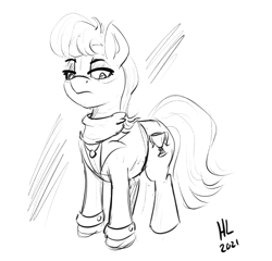 Size: 1103x1061 | Tagged: safe, artist:huffylime, ms. harshwhinny, earth pony, pony, g4, atg 2021, clothes, eye wrinkles, female, frown, lineart, mare, monochrome, newbie artist training grounds, signature, simple background, solo, white background