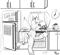 Size: 1500x1380 | Tagged: safe, artist:huffylime, ms. harshwhinny, earth pony, pony, g4, atg 2021, bipedal, clock, clothes, cooking, female, housewife, indoors, kitchen, lineart, mare, monochrome, mouth hold, newbie artist training grounds, refrigerator, signature, simple background, solo, spatula, toaster, white background