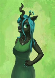 Size: 2480x3508 | Tagged: safe, artist:toisanemoif, queen chrysalis, changeling, changeling queen, anthro, g4, breasts, clothes, crown, dress, ear piercing, earring, female, green background, green dress, grin, hand on hip, high res, jewelry, necklace, painted nails, piercing, regalia, simple background, smiling, solo