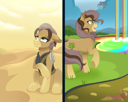 Size: 4849x3864 | Tagged: safe, alternate version, artist:raspberrystudios, oc, oc only, oc:wild chains, earth pony, pony, fallout equestria, fallout equestria: project horizons, g4, rainbow falls, alternate universe, armor, cutie mark, desert, earth pony oc, fallout, fanfic art, female, grass, hooves, mare, mountain, multicolored hair, open mouth, sad