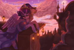 Size: 3000x2040 | Tagged: safe, artist:adishu, twilight sparkle, alicorn, pony, the last problem, alternate hairstyle, balcony, canterlot, clothes, cloud, coronation, coronation dress, crown, crying, dress, ear piercing, female, floppy ears, high res, jewelry, light, mare, piercing, regalia, second coronation dress, sky, solo, spread wings, stars, tree, twilight sparkle (alicorn), waterfall, wings