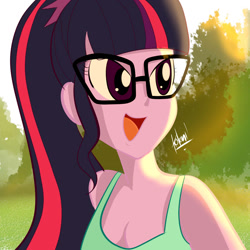 Size: 1181x1181 | Tagged: safe, artist:kotani2010, sci-twi, twilight sparkle, equestria girls, g4, bare shoulders, breasts, cleavage, clothes, female, glasses, grass, open mouth, open smile, signature, sleeveless, smiling, solo, tank top, tree