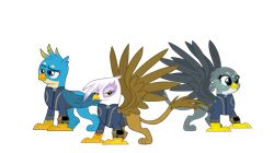 Size: 5360x3008 | Tagged: safe, artist:cloudy glow, artist:dashiesparkle, artist:php170, artist:sonofaskywalker, gabby, gallus, gilda, griffon, fallout equestria, g4, school daze, the fault in our cutie marks, absurd resolution, clothes, cute, fallout, female, gabbybetes, gallabetes, griffon trio, happy, jumpsuit, majestic, male, pipboy, raised eyebrow, simple background, smiling, spread wings, transparent background, trio, vault suit, vector, wings