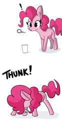 Size: 3000x6000 | Tagged: safe, artist:tjpones, pinkie pie, earth pony, pony, g4, absurd resolution, behaving like a cat, cartoon physics, comic, exclamation point, female, glass, horse problems, mare, missing cutie mark, onomatopoeia, pinkie being pinkie, pinkie physics, ponies are liquid, ponk, silly, simple background, solo, white background