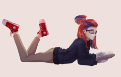 Size: 2048x1311 | Tagged: safe, artist:ghoasthead, moondancer, human, g4, book, clothes, converse, female, glasses, humanized, khaki, reading, shoes, simple background, sneakers, solo, sweater, the pose, turtleneck