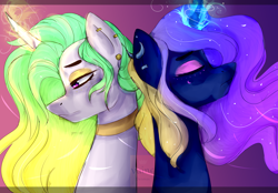 Size: 2500x1740 | Tagged: safe, princess cadance, princess celestia, princess luna, g4, alternate hairstyle, back to back, drawing, duo, ear piercing, earring, eyes closed, fanart, jewelry, magic, piercing, royal sisters, shadow, siblings, simple background, sisters