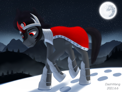 Size: 2224x1668 | Tagged: safe, artist:dash wang, king sombra, pony, the crystal empire 10th anniversary, g4, armor, male, moon, mountain, sad, snow, solo, stallion, walking