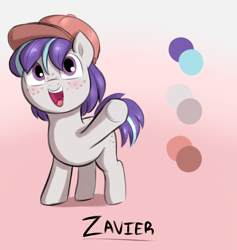 Size: 2120x2232 | Tagged: safe, artist:heretichesh, oc, oc:zavier, cap, colored, colt, freckles, hat, high res, male, reference sheet, simple background, smiling, solo, waving at you