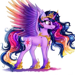 Size: 1080x1080 | Tagged: safe, artist:stainedglasslighthea, twilight sparkle, alicorn, pony, the last problem, colored wings, crown, curved horn, cute, cutie mark, ethereal mane, female, hoof shoes, horn, jewelry, mare, multicolored mane, multicolored tail, multicolored wings, older, older twilight, peytral, princess twilight 2.0, regalia, simple background, solo, starry mane, twiabetes, twilight sparkle (alicorn), white background, wings