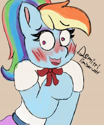 Size: 3000x3600 | Tagged: safe, artist:demitri, rainbow dash, pegasus, semi-anthro, g4, alternate hairstyle, arm hooves, blushing, blushing profusely, clothes, eyeshadow, grin, high res, makeup, nervous, nervous smile, newbie artist training grounds, ponytail, school uniform, smiling, solo