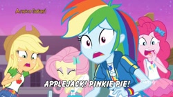Size: 1282x720 | Tagged: safe, edit, edited screencap, screencap, applejack, fluttershy, pinkie pie, rainbow dash, equestria girls, equestria girls specials, g4, my little pony equestria girls: better together, my little pony equestria girls: forgotten friendship, aneka safari records, discovery family logo, drama, geode of sugar bombs, geode of super speed, geode of super strength, magical geodes, scared, subtitles