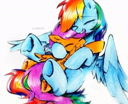 Size: 2563x2095 | Tagged: safe, artist:liaaqila, rainbow dash, scootaloo, pegasus, pony, g4, cute, cutealoo, daaaaaaaaaaaw, dashabetes, duo, duo female, eyes closed, female, filly, foal, happy, high res, hug, liaaqila is trying to murder us, liaaqila is trying to murder us with dashabetes, mare, scootalove, siblings, simple background, sisters, smiling, spread wings, traditional art, underhoof, weapons-grade cute, white background, wings