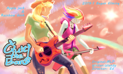 Size: 3000x1814 | Tagged: safe, artist:卯卯七, part of a set, applejack, rainbow dash, fanfic:quit the band, equestria girls, g4, duo, fanfic art, guitar, jewelry, musical instrument, necklace, no face, text