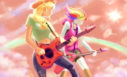 Size: 3000x1814 | Tagged: safe, alternate version, artist:卯卯七, part of a set, applejack, rainbow dash, fanfic:quit the band, equestria girls, g4, duo, fanfic art, female, guitar, jewelry, lesbian, musical instrument, necklace, no face, ship:appledash, shipping