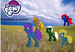Size: 1295x895 | Tagged: safe, oc, oc:comic field, oc:henrietta, oc:page writer, oc:sky flyer, oc:train station (old version), pony, fanfic:friendship is justice, brother and sister, cover art, fanfic, female, male, siblings