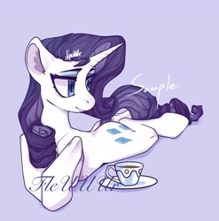 Size: 2674x2704 | Tagged: safe, artist:fleuuur, rarity, pony, unicorn, g4, crossed hooves, cup, food, high res, lying down, obtrusive watermark, prone, purple background, signature, simple background, solo, tea, teacup, watermark