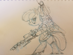 Size: 1333x1000 | Tagged: safe, artist:ncmares, apple bloom, cyborg, earth pony, pony, fanfic:night mares, g4, black and white, fanfic, fanfic art, female, filly, grayscale, gun, hooves, monochrome, optical sight, rifle, sketch, sniper, sniper rifle, solo, weapon