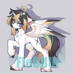 Size: 1680x1680 | Tagged: safe, artist:fleuuur, oc, oc only, alicorn, pony, alicorn oc, cloven hooves, horn, jewelry, necklace, obtrusive watermark, raised hoof, simple background, solo, spread wings, unshorn fetlocks, watermark, wings