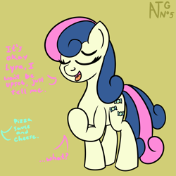 Size: 1999x1999 | Tagged: safe, artist:dafiltafish, bon bon, sweetie drops, earth pony, pony, comic:day by day, g4, atg 2021, dialogue, eyes closed, implied lyra, newbie artist training grounds, offscreen character, open mouth, raised hoof, simple background, yellow background