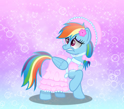 Size: 1250x1100 | Tagged: safe, artist:spellboundcanvas, rainbow dash, pegasus, pony, g4, bonnet, bow, bowtie, clothes, dress, flower, flower in hair, frilly dress, girly girl, hair bow, paranoid, puffy sleeves, rainbow dash always dresses in style, scared, sissy, solo, tomboy taming