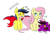 Size: 1700x1200 | Tagged: safe, artist:lyrabop, fluttershy, oc, oc:cheeseblood, oc:gorebrie, bat pony, demon, demon pony, pegasus, pony, g4, bat pony oc, bat wings, biting, cute, eeee, female, mare, ram horns, simple background, sniffing, spread wings, sweat, tail bite, text, trio, white background, wings