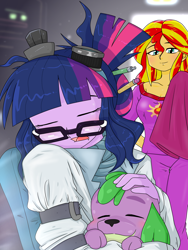 Size: 1668x2224 | Tagged: safe, artist:batipin, sci-twi, spike, spike the regular dog, sunset shimmer, twilight sparkle, dog, equestria girls, g4, mad twience, my little pony equestria girls: summertime shorts, blanket, clothes, cute, eyes closed, female, glasses, goggles, lab coat, pajamas, pen, pencil, shimmerbetes, sleeping, spikabetes, trio, twiabetes