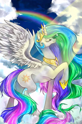 Size: 2000x3000 | Tagged: safe, artist:greyradian, princess celestia, alicorn, pony, g4, cloud, cloudy, crepuscular rays, eyes closed, female, high res, majestic, mare, profile, queen celestia, rainbow, raised hoof, smiling, solo, spread wings, wings