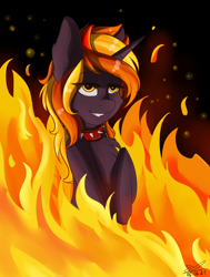 Size: 1504x1989 | Tagged: safe, artist:yuris, oc, oc only, oc:java, demon, demon pony, pony, unicorn, abstract background, collar, fire, horns, smiling, solo