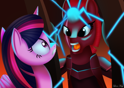 Size: 3500x2500 | Tagged: safe, artist:leonkay, tempest shadow, twilight sparkle, alicorn, pony, g4, my little pony: the movie, cage, high res, horn, magic, open mouth, open up your eyes, scene interpretation, sparking horn, twilight sparkle (alicorn)