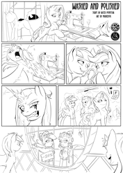 Size: 2480x3508 | Tagged: safe, artist:madgehog, applejack, rainbow dash, rarity, pony, g4, angry, applejack also dresses in style, clothes, comic, forced makeover, gritted teeth, high res, levitation, magic, makeup, mannequin, monochrome, panties, payback, prank, rainbow dash always dresses in style, running makeup, sewing machine, stasis, telekinesis, underwear, wet, wet mane