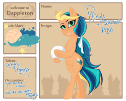 Size: 1500x1200 | Tagged: safe, artist:pixxpal, oc, oc only, oc:playa "spikeball" azul, earth pony, pony, 2016, bipedal, character bio, cutie mark, dappleton, female, mare, ribbon, simple background, solo, sports, volleyball