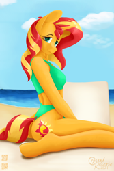 Size: 1600x2400 | Tagged: safe, artist:alicorn-without-horn, sunset shimmer, unicorn, anthro, unguligrade anthro, g4, ass, beach, beach chair, breasts, bunset shimmer, butt, chair, clothes, cloud, female, horseshoes, looking at you, ocean, one-piece swimsuit, plane, ship, sky, smiling, smiling at you, solo, swimsuit