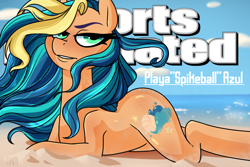Size: 1080x720 | Tagged: dead source, safe, artist:pixxpal, oc, oc only, oc:playa "spikeball" azul, earth pony, pony, 2017, beach, bedroom eyes, cloud, draw me like one of your french girls, female, flank, lying down, magazine, mare, ocean, pinup, poster, prone, sand, sky, solo, sports illustrated, sports poster