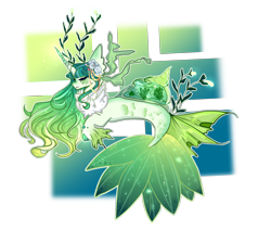 Size: 3060x2596 | Tagged: safe, artist:kikkapone, oc, oc only, merpony, seapony (g4), adoptable, dorsal fin, eyes closed, fins, fish tail, flowing mane, flowing tail, glowing, green mane, high res, leaf, simple background, solo, tail, transparent background