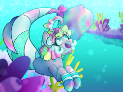 Size: 1600x1200 | Tagged: safe, artist:zyngacat, pinkie pie, merpony, g4, bubble, coral, crepuscular rays, crossover, female, fish tail, fusion, heart eyes, looking up, no straight roads, ocean, open mouth, open smile, sayu, seaweed, smiling, solo, sunlight, swimming, tail, underwater, water, wingding eyes