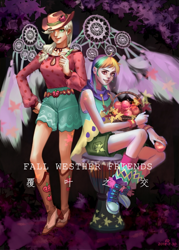 Size: 500x700 | Tagged: source needed, safe, artist:卯卯七, applejack, rainbow dash, equestria girls, g4, clothes, converse, duo, engrish, female, lesbian, ship:appledash, shipping, shoes, shorts, sneakers