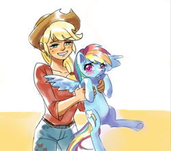 Size: 500x441 | Tagged: safe, artist:卯卯七, applejack, rainbow dash, human, pegasus, pony, equestria girls, g4, blushing, clothes, cute, cutie mark, duo, female, freckles, hat, holding a pony, jeans, lesbian, pants, rainbow dash is not amused, ship:appledash, shipping, simple background, smiling, unamused